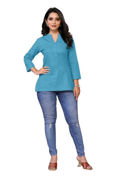 JT252 – Pure Cotton Short Kurti with 3/4 Sleeves and Mandarin V Placket Collar